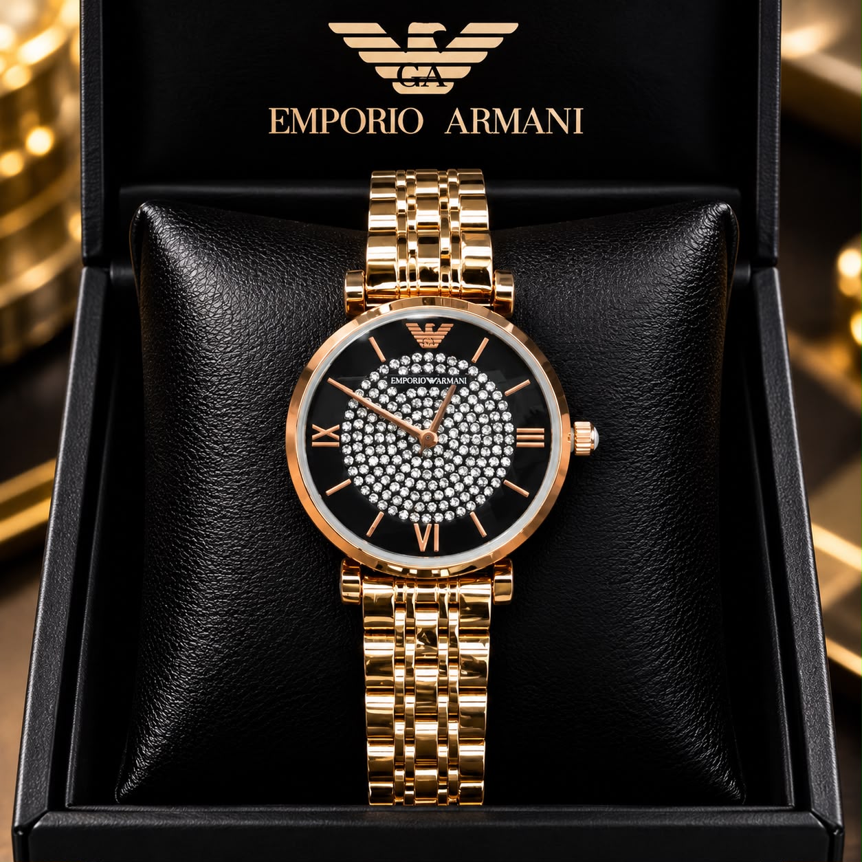 Emporio Armani Women’s Black Dial Crystal-Studded Rose Gold Watch