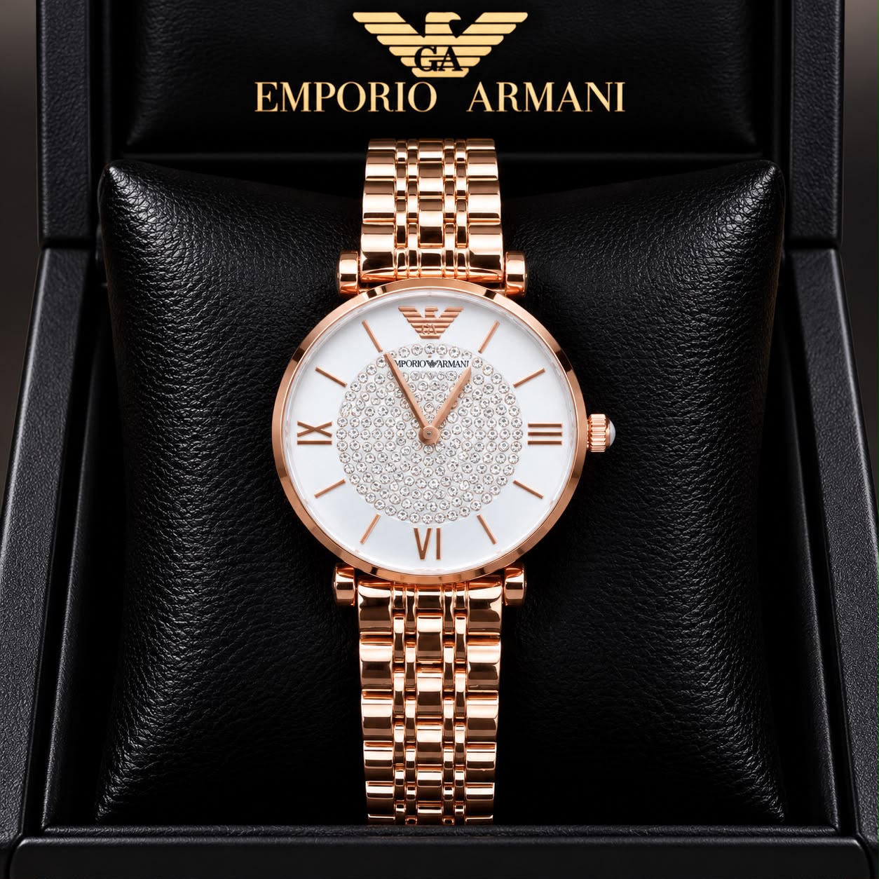 Emporio Armani Women’s White Dial Crystal-Studded Rose Gold Watch