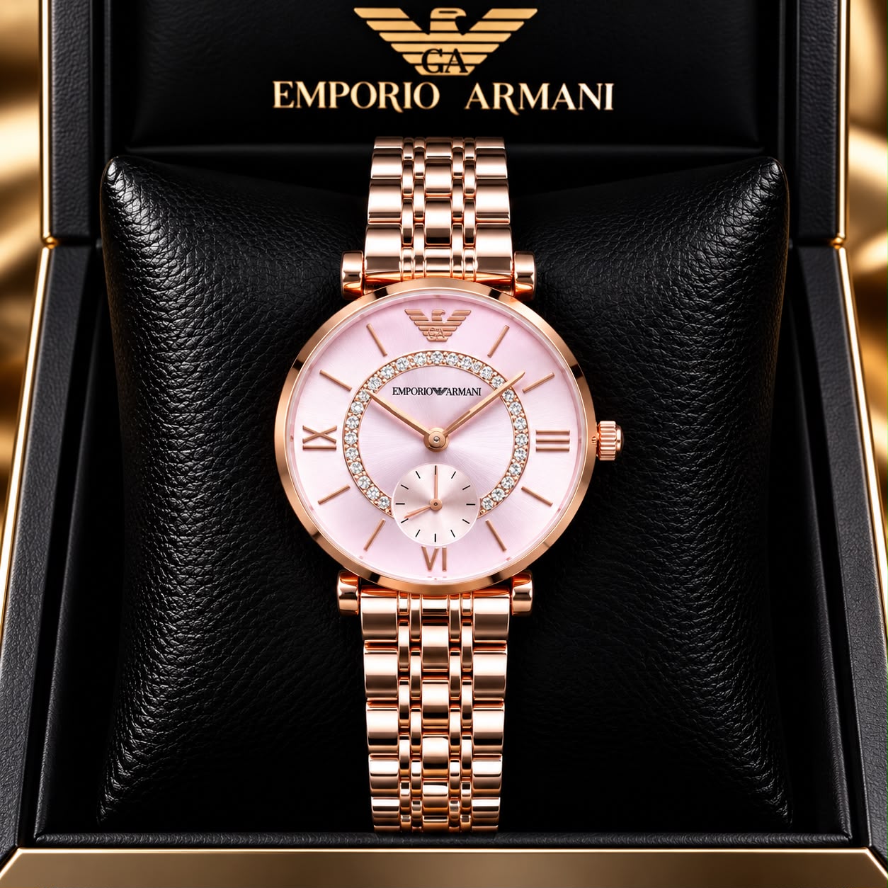 Emporio Armani Pink Dial Diamond Ring Detail Rose Gold Watch