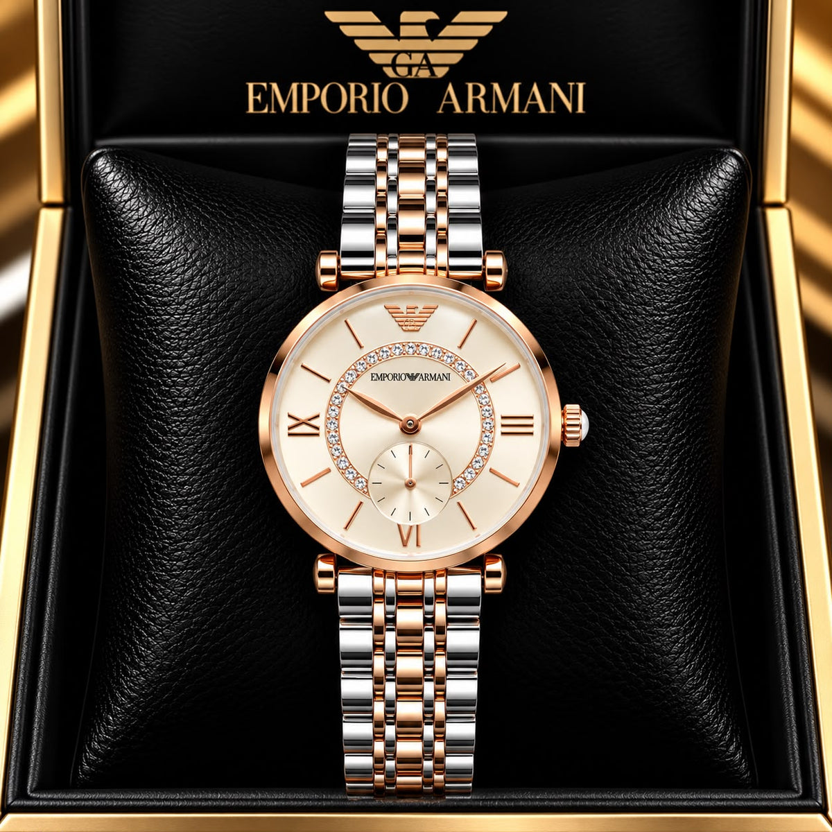 Emporio Armani Beige Dial Diamond Ring Detail Two-Tone Watch