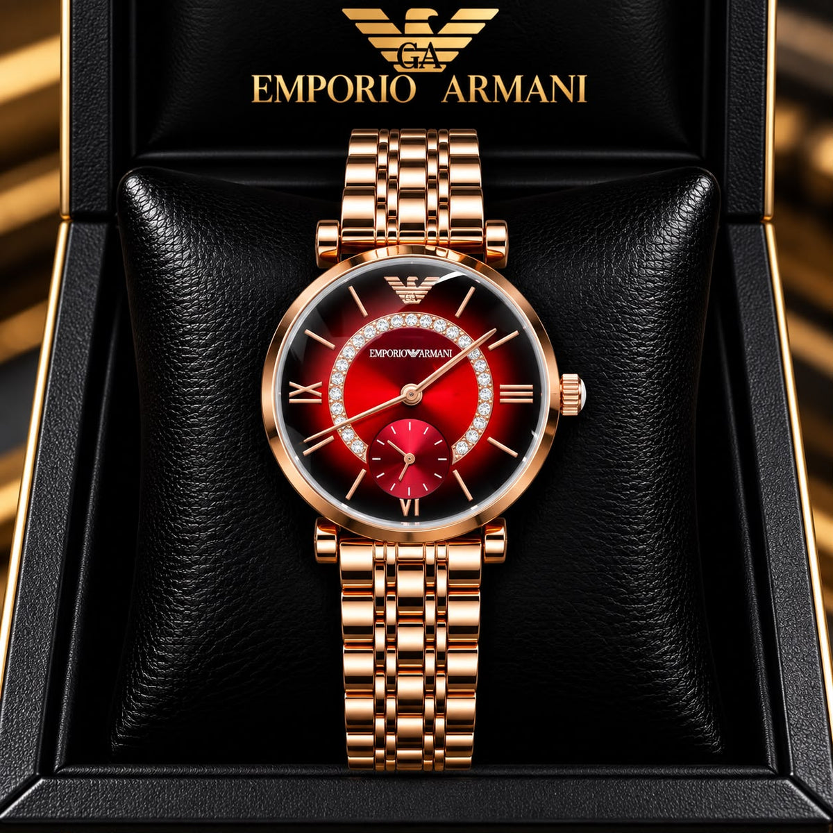 Emporio Armani Red Dial Diamond Ring Detail Rose Gold Watch