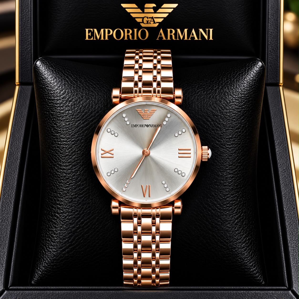 Emporio Armani Silver Dial Crystal-Studded Rose Gold Watch