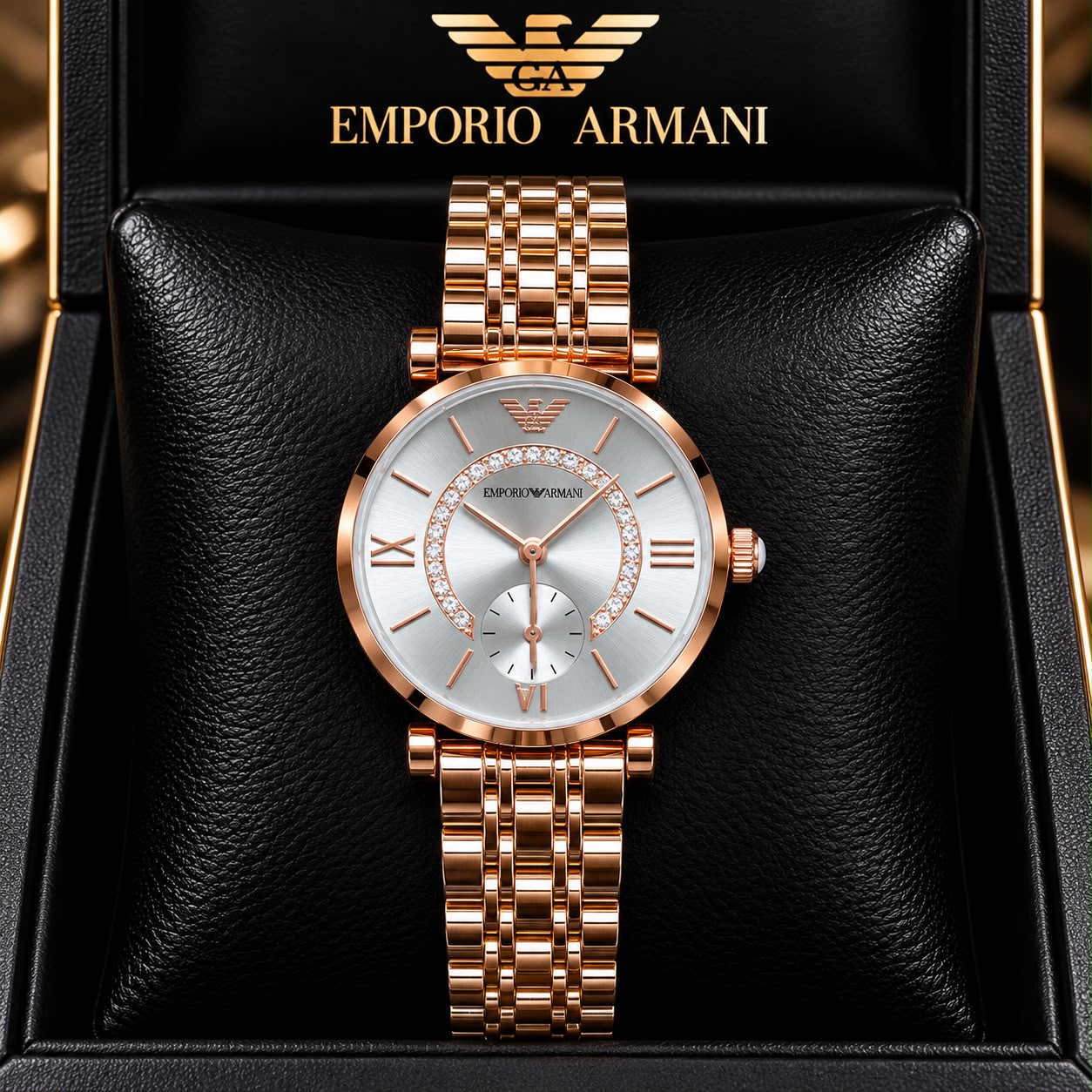 Emporio Armani Silver Dial Diamond Ring Detail Rose Gold Watch
