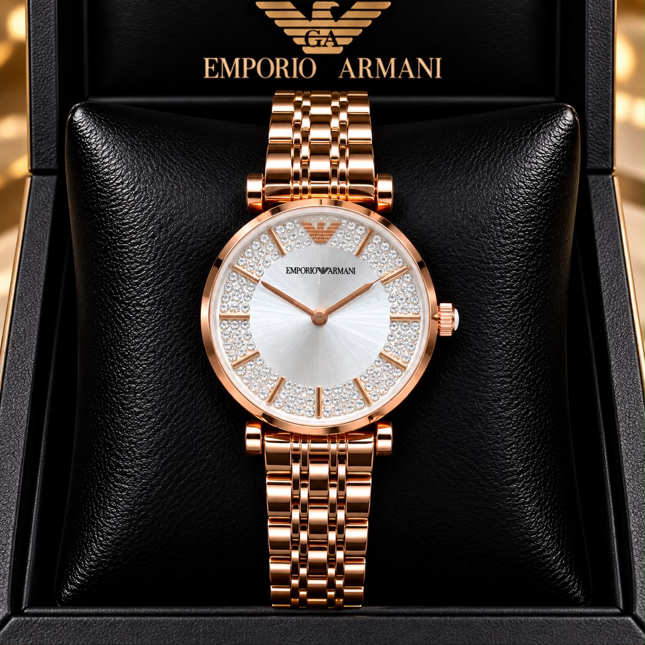 Emporio Armani White Dial Diamond-Studded Rose Gold Watch