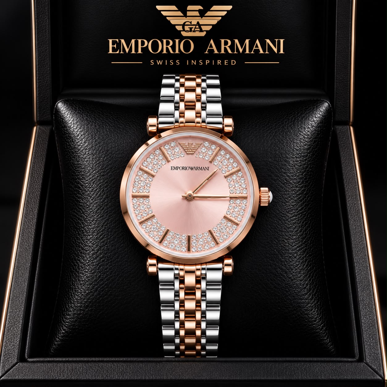 Emporio Armani Pink Dial Diamond-Studded Two-Tone Watch