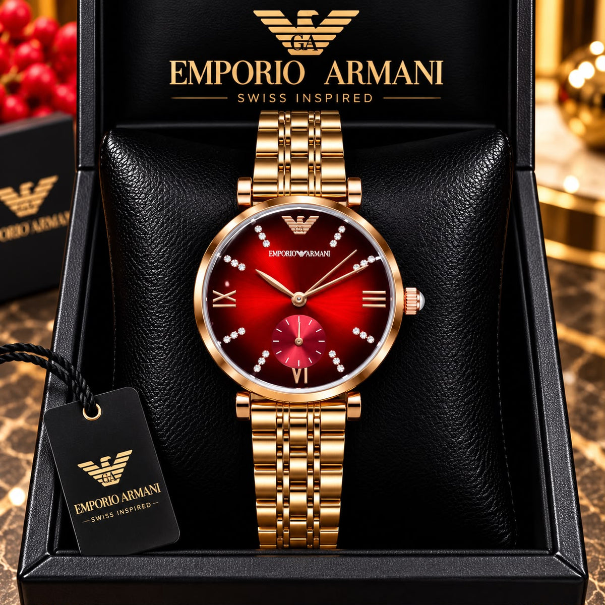 Emporio Armani Red Dial Crystal-Studded Rose Gold Watch