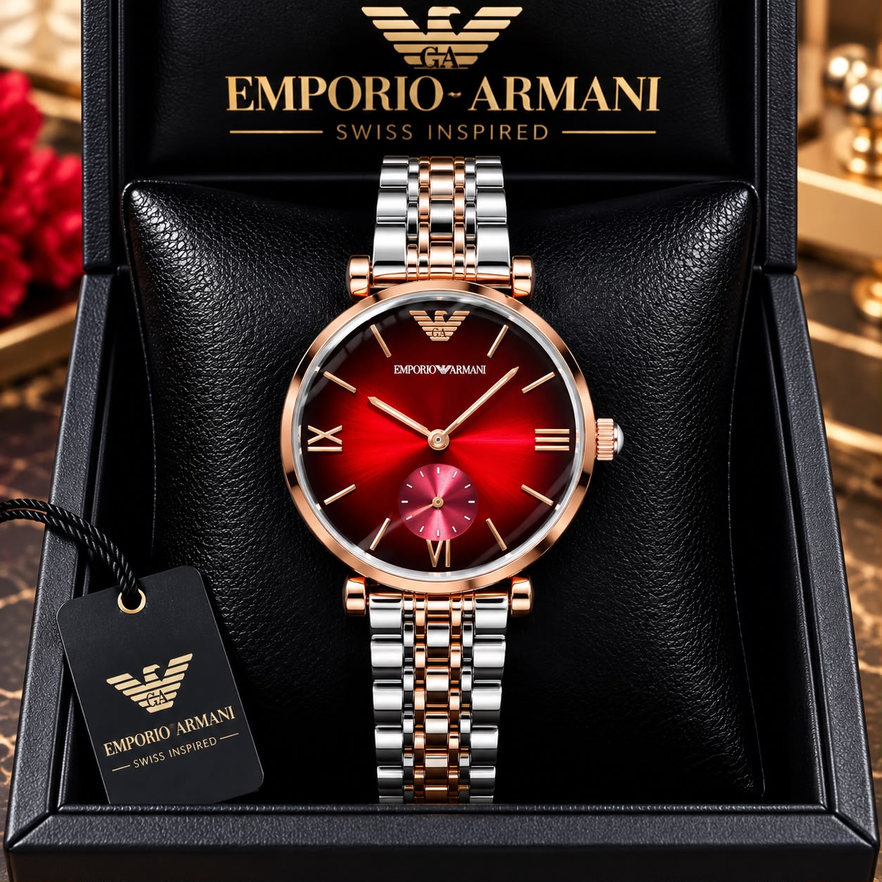 Emporio Armani Women’s Red Dial Two-Tone Chronograph-Style Watch