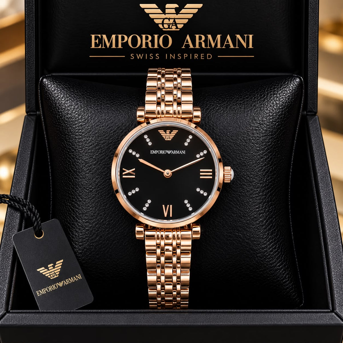 Emporio Armani Black Dial Crystal-Studded Rose Gold Watch