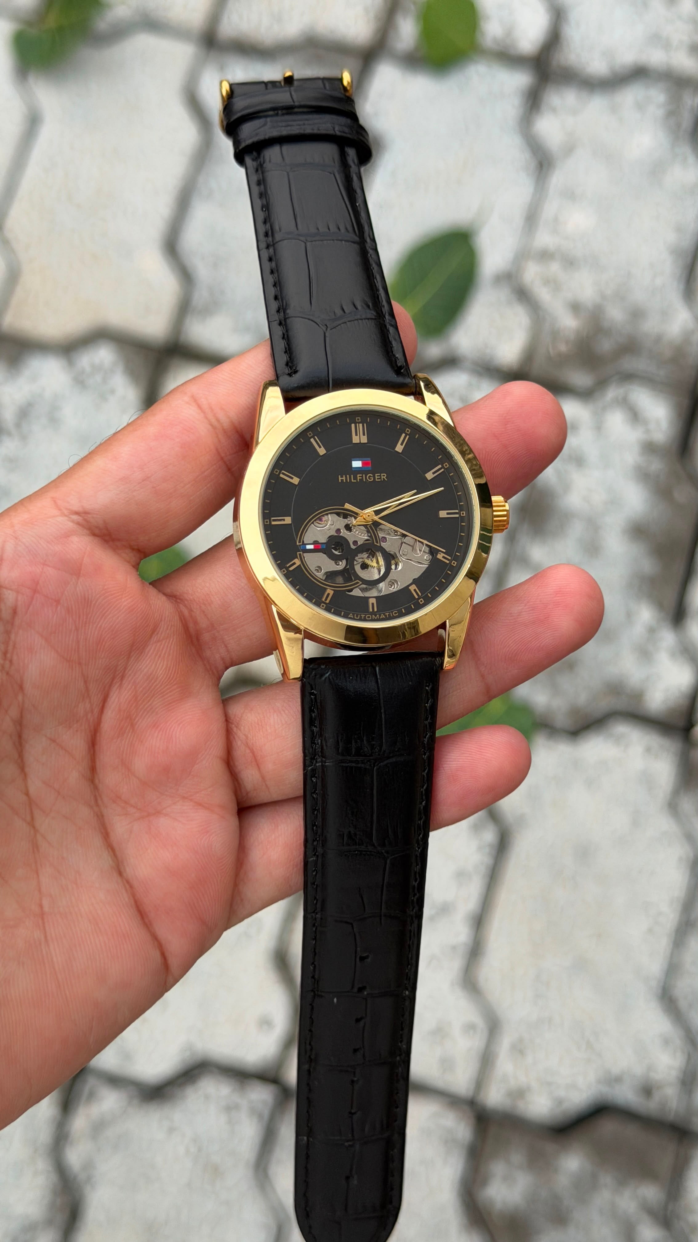 Tommy Hilfiger Automatic Classic Luxury Watch – Black Gold Dial & Black Leather Belt