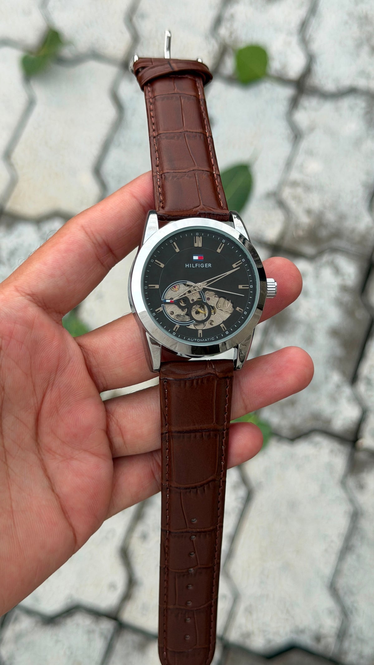 Tommy Hilfiger Automatic Classic Luxury Watch – Black Silver Dial & Brown Leather Belt