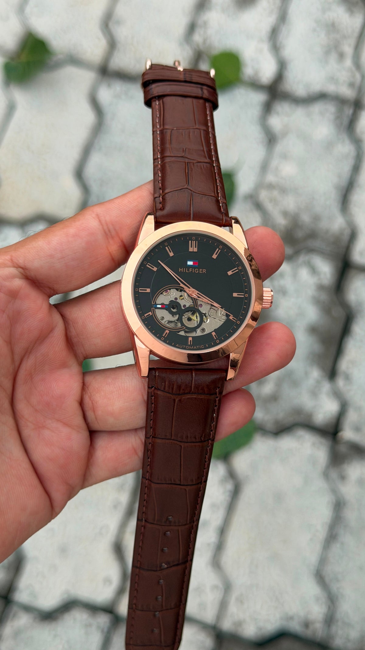 Tommy Hilfiger Automatic Classic Luxury Watch – Black Rose Gold Dial & Brown Leather Belt