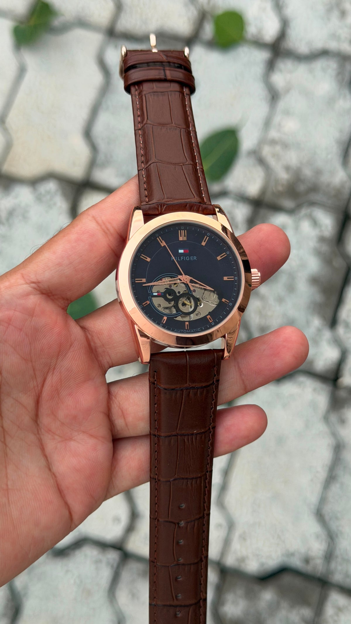 Tommy Hilfiger Automatic Classic Luxury Watch – Blue gold Dial & Brown Leather Belt
