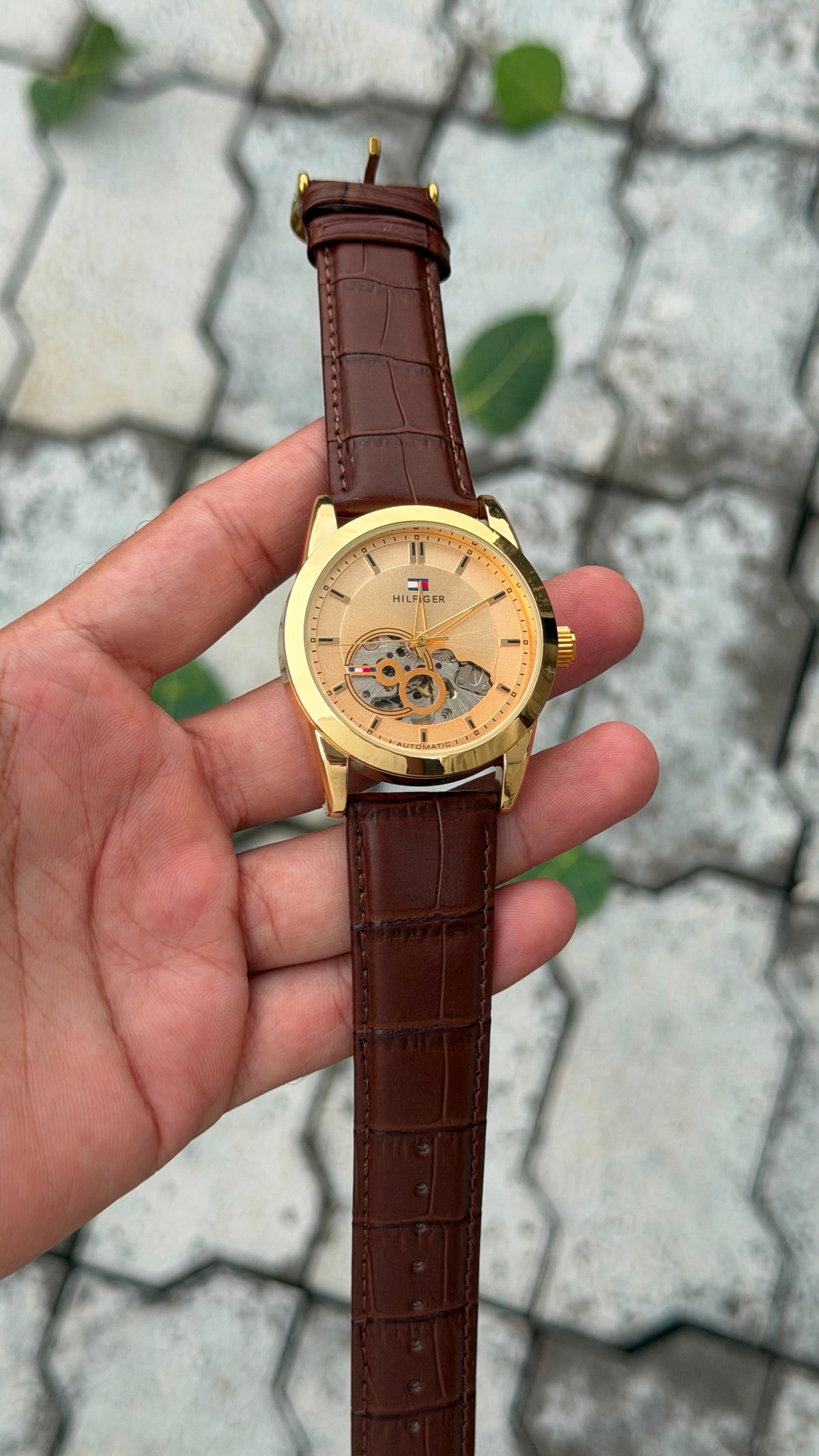 Tommy Hilfiger Automatic Classic Luxury Watch – Gold Dial & Brown Leather Belt