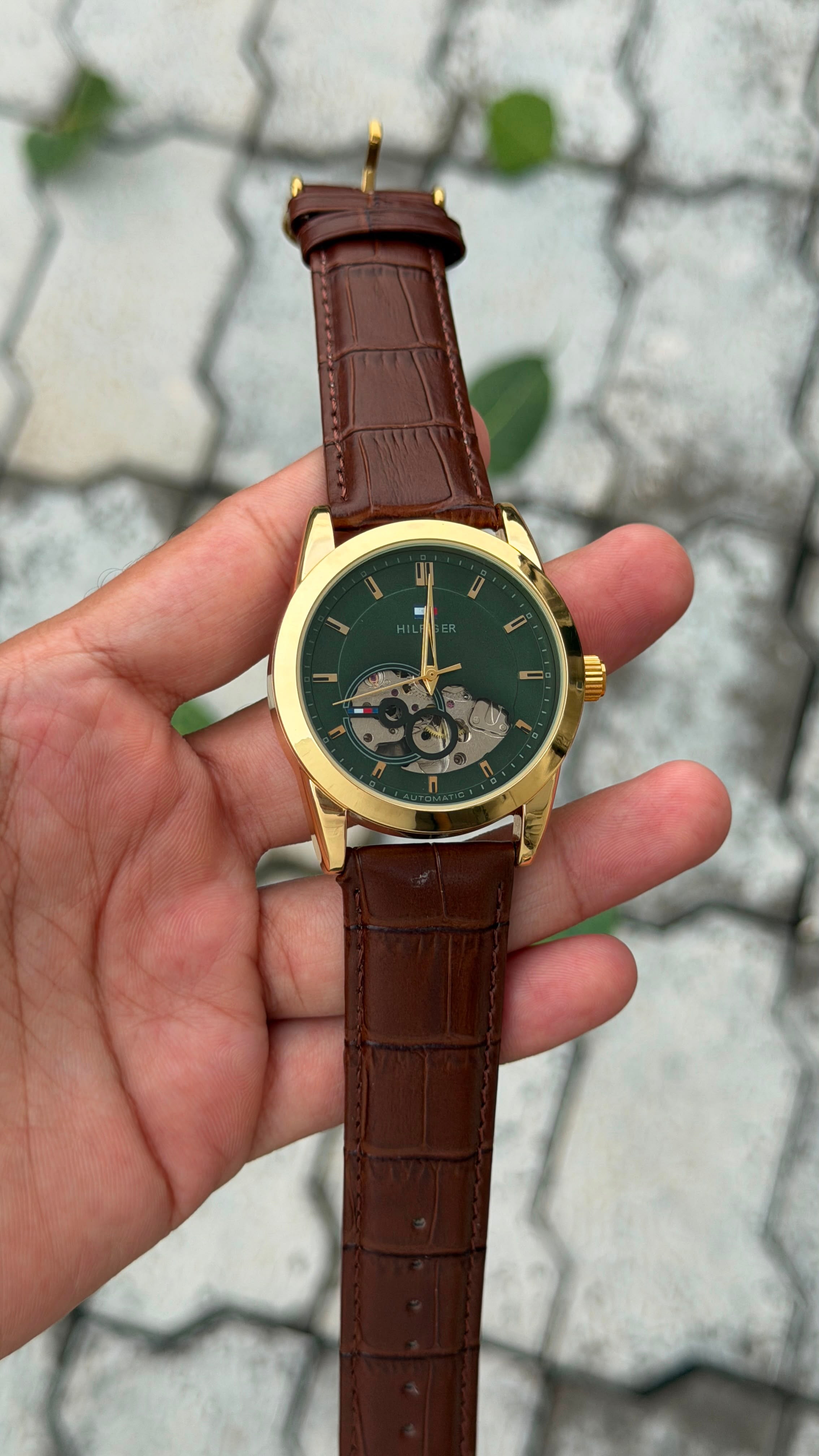 Tommy Hilfiger Automatic Classic Luxury Watch – Green Dial & Brown Leather Belt