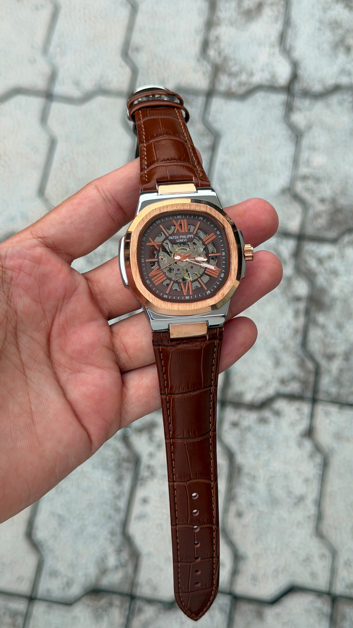 Patek Philippe Nautilus Skeleton Automatic Luxury Watch – Rose Gold Brown Crocodile Leather Strap
