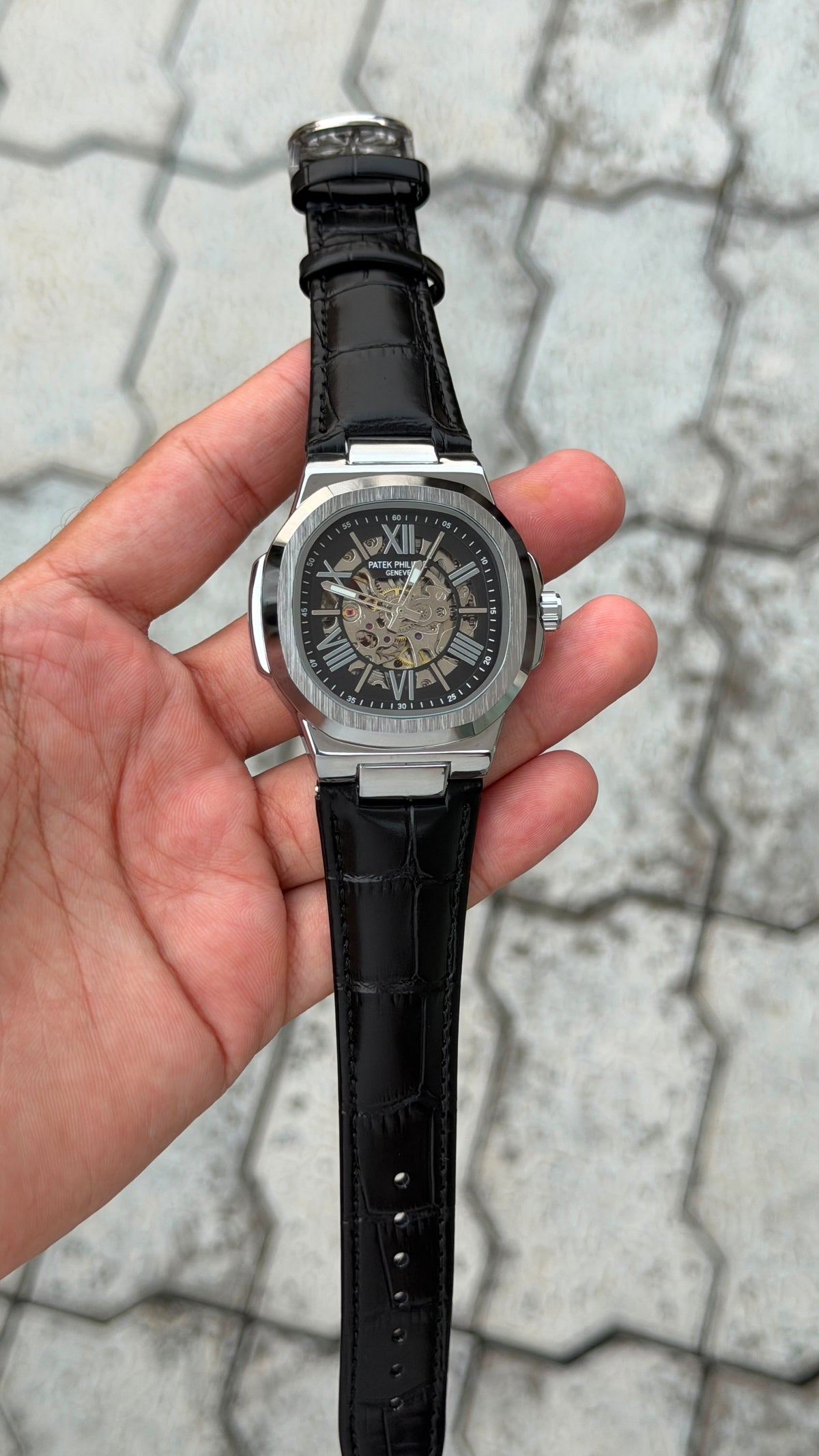Patek Philippe Nautilus Skeleton Automatic Luxury Watch – Silver Black Crocodile Leather Strap