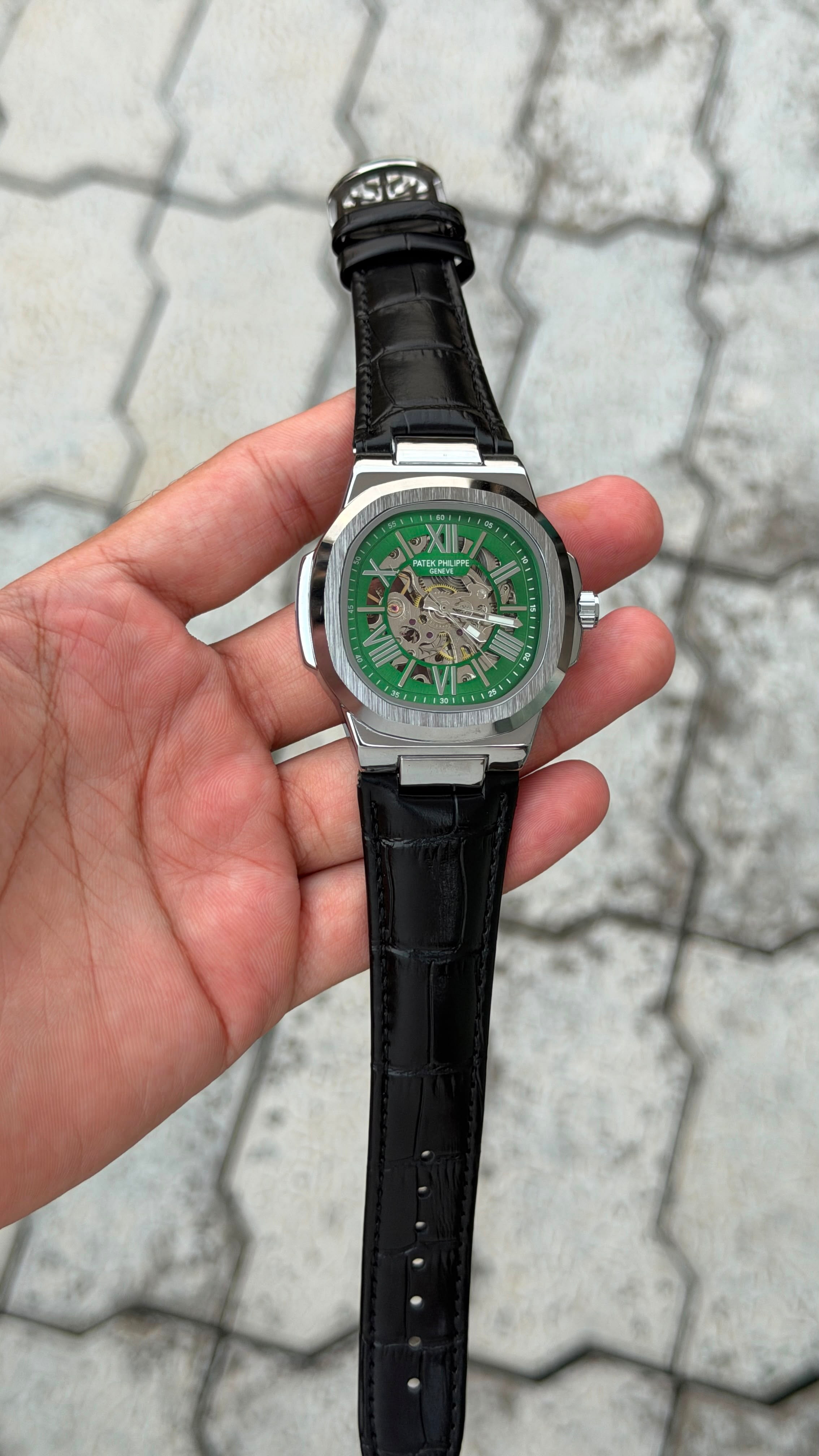 Patek Philippe Nautilus Skeleton Green Dial Automatic Luxury Watch – Silver Black Crocodile Leather Strap