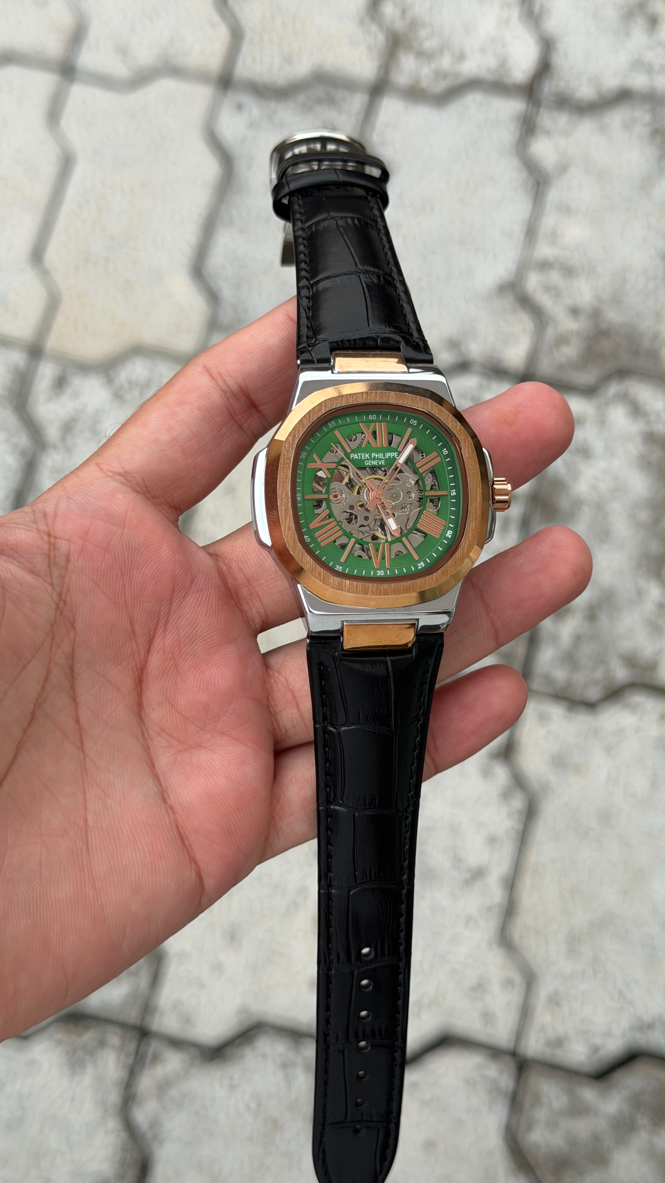 Patek Philippe Nautilus Skeleton Green dial Automatic Luxury Watch – Rose Gold Black Crocodile Leather Strap