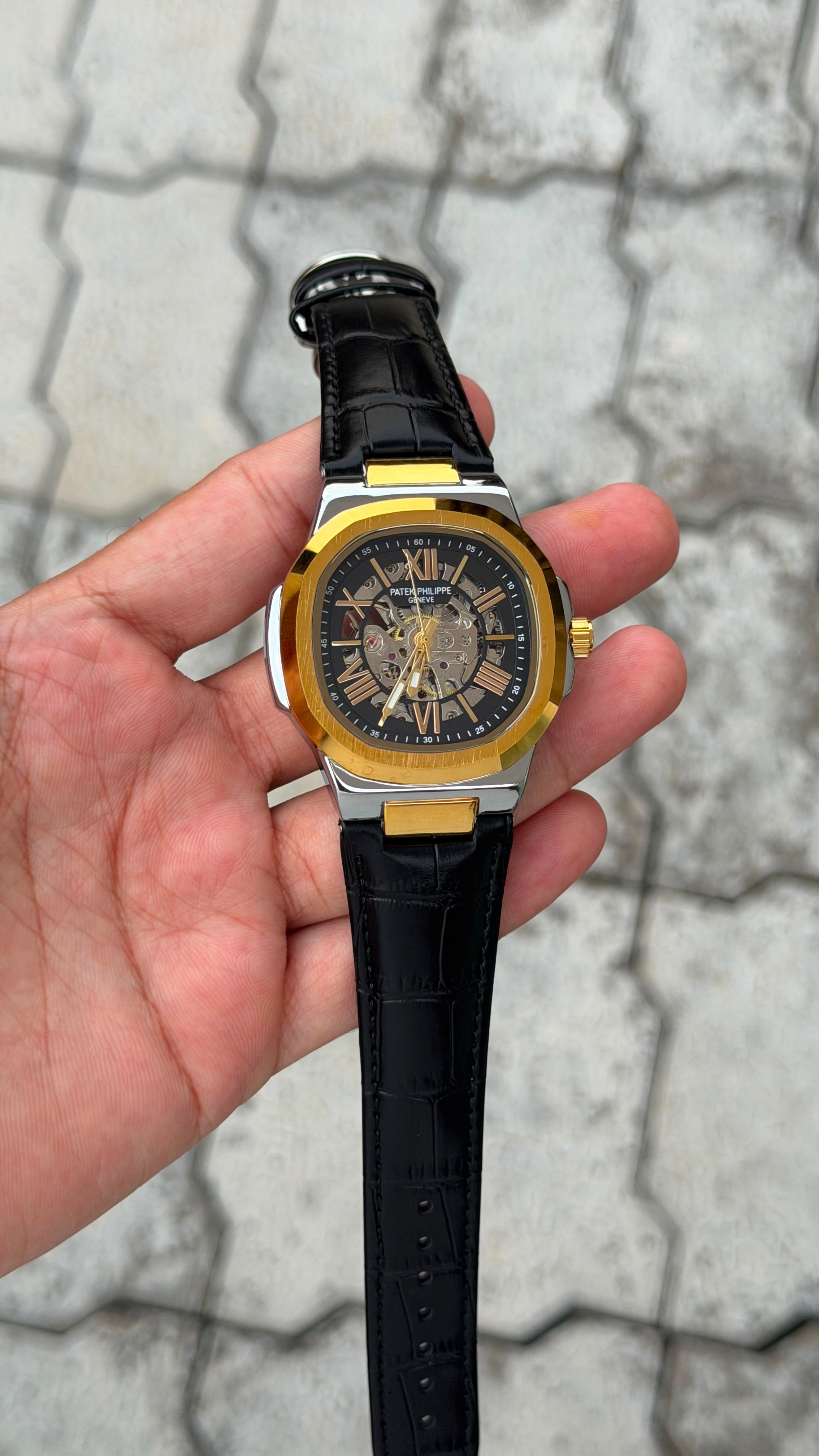 Patek Philippe Nautilus Skeleton Automatic Luxury Watch – Golden Black Crocodile Leather Strap (Copy)