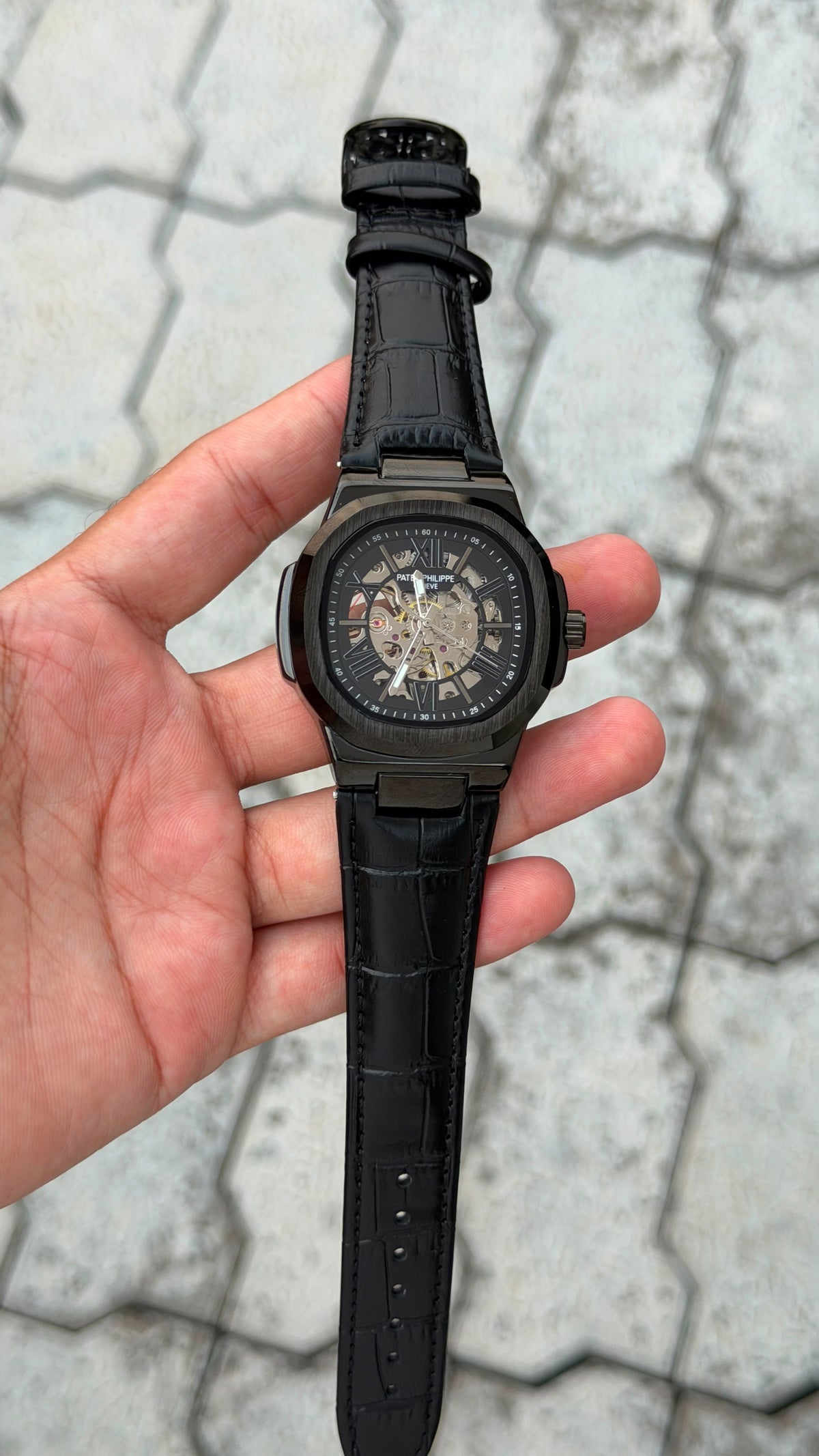 Patek Philippe Nautilus Skeleton Automatic Luxury Watch – Black Crocodile Leather Strap