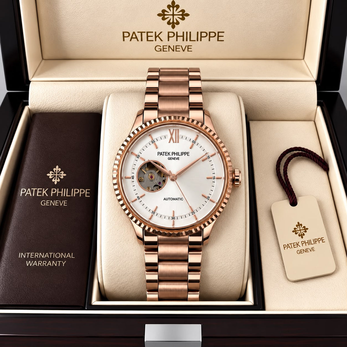 Patek Philippe Geneve Automatic Classic Luxury Watch - White dial Rose Gold Belt