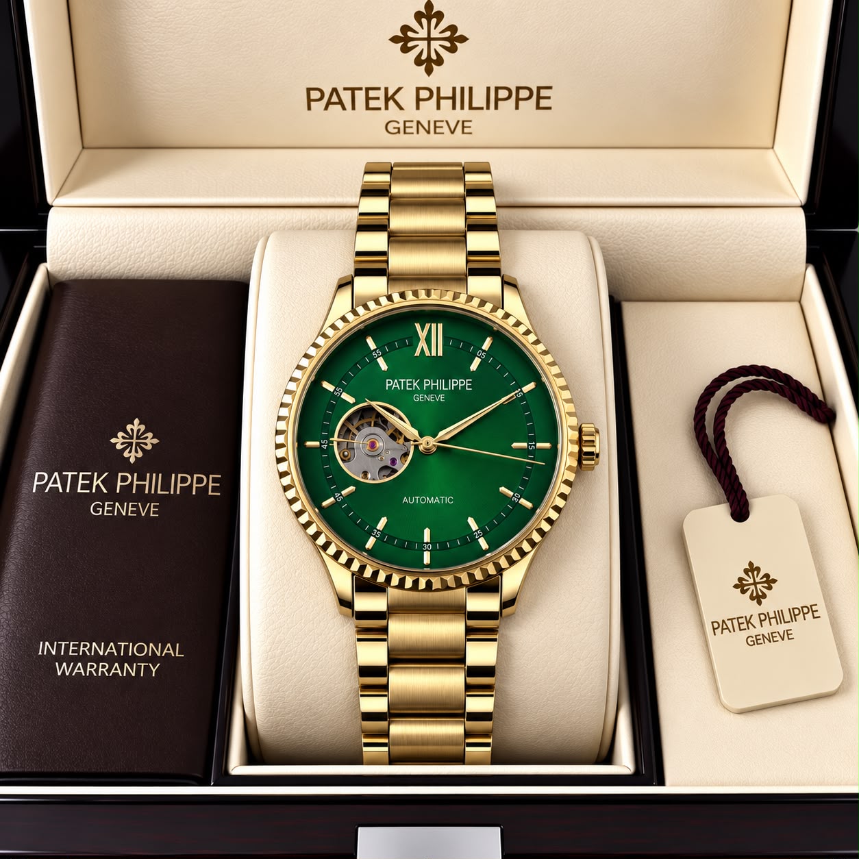 Patek Philippe Geneve Automatic Classic Luxury Watch - Green dial Gold Belt