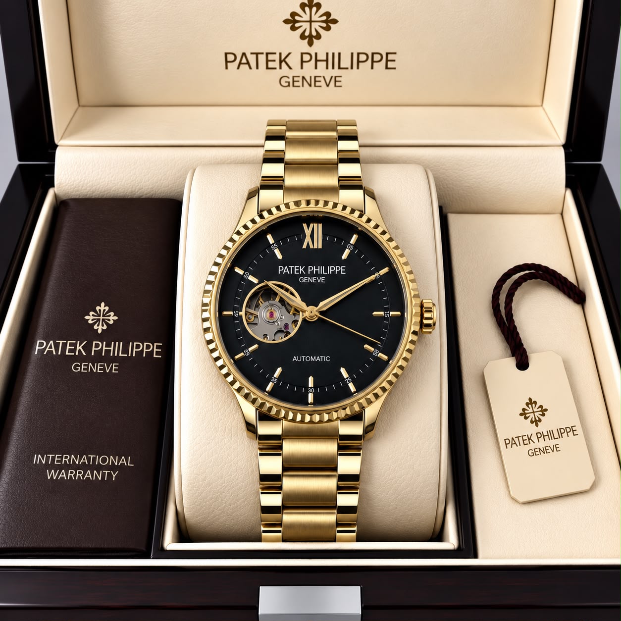 Patek Philippe Geneve Automatic Classic Luxury Watch - Black dial Gold Belt