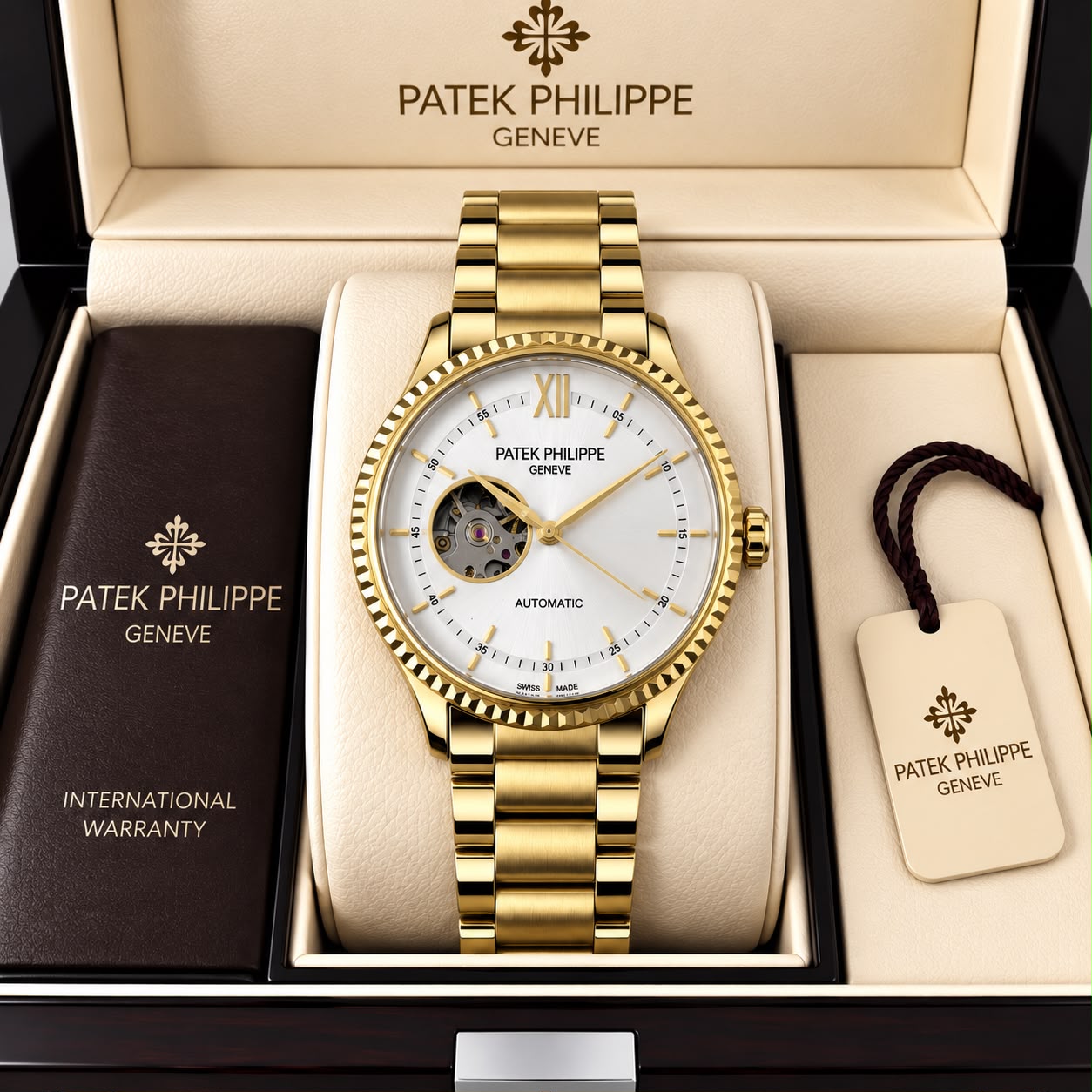 Patek Philippe Geneve Automatic Classic Luxury Watch - White dial Gold Belt