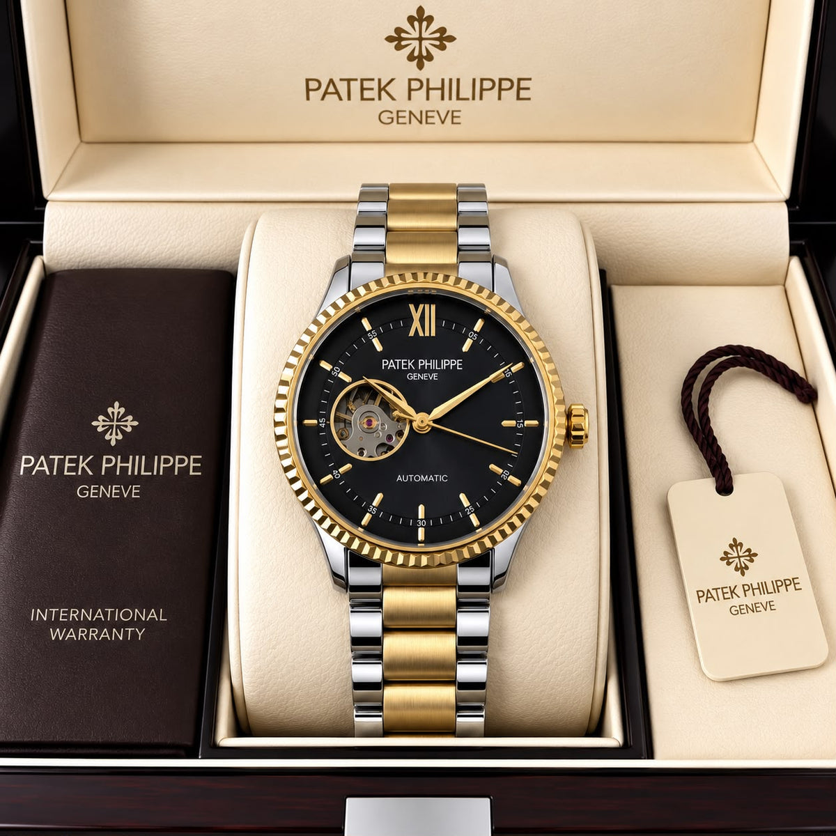 Patek Philippe Geneve Automatic Classic Luxury Watch - Black dial Two tone Belt