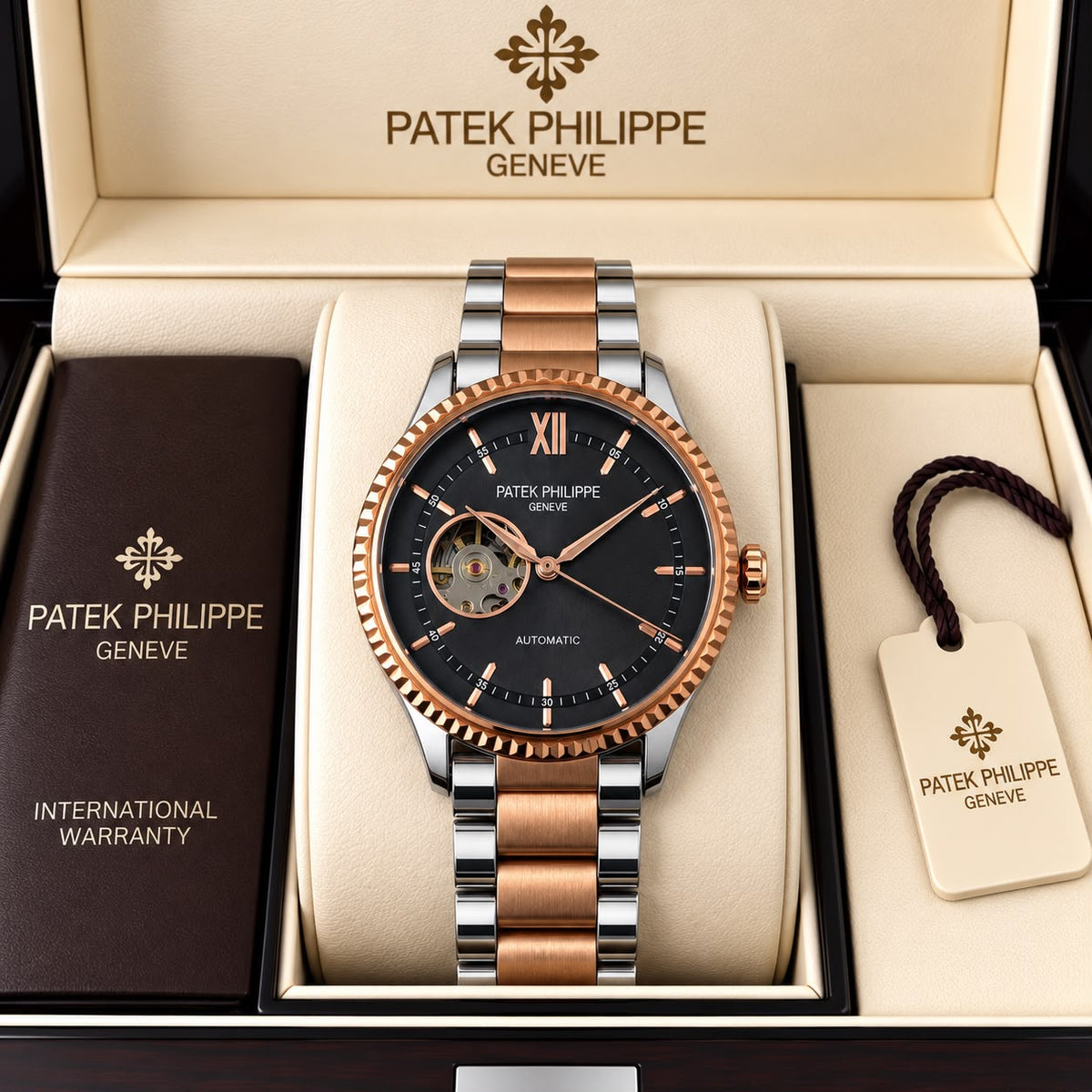 Patek Philippe Geneve Automatic Classic Luxury Watch - Black dial Two tone Belt
