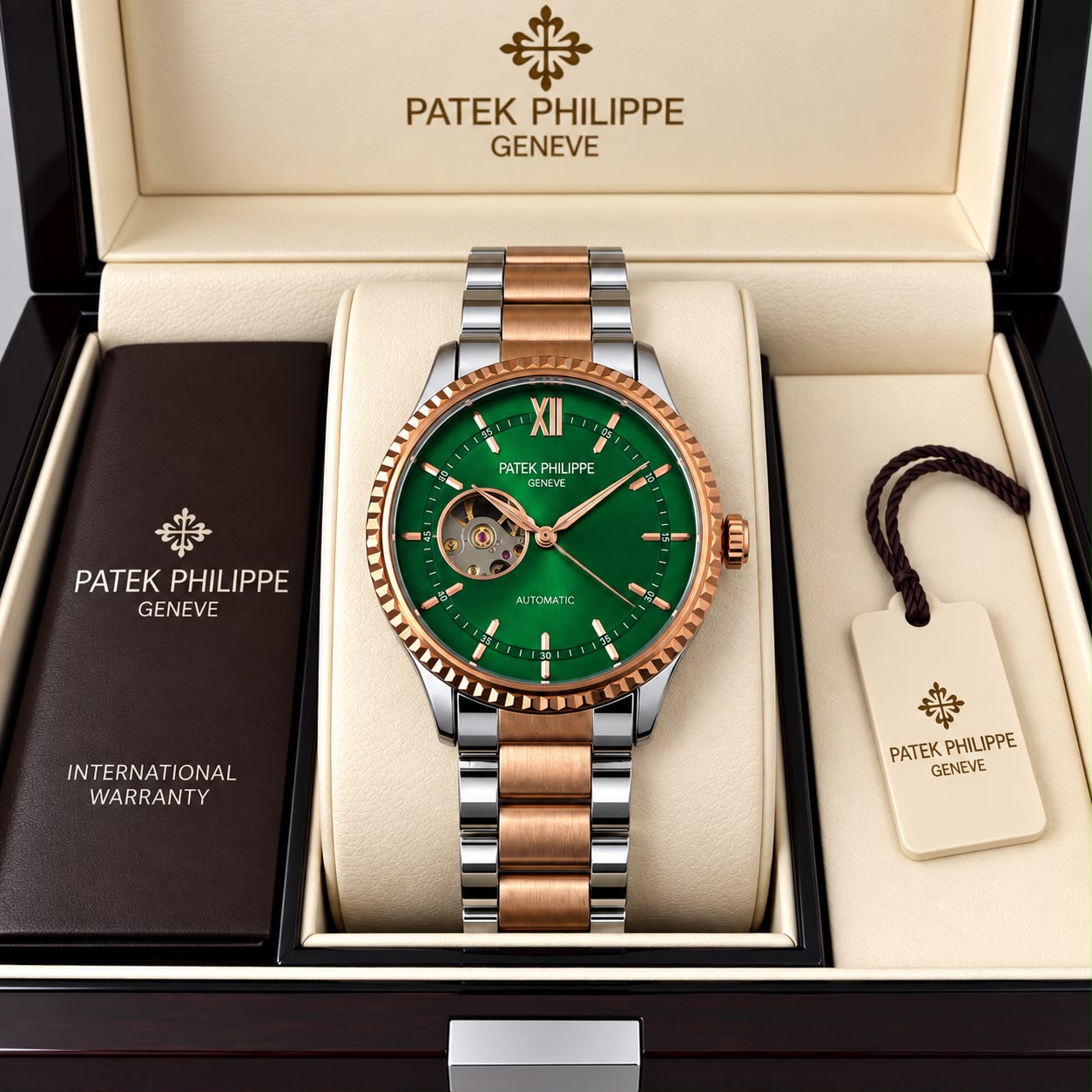 Patek Philippe Geneve Automatic Classic Luxury Watch - Green dial Two tone Belt