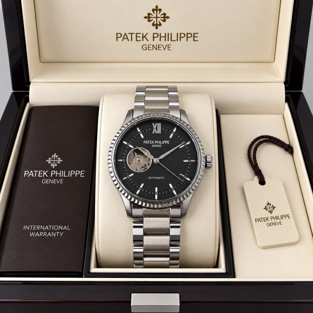 Patek Philippe Geneve Automatic Classic Luxury Watch - Black Dial Silver Belt