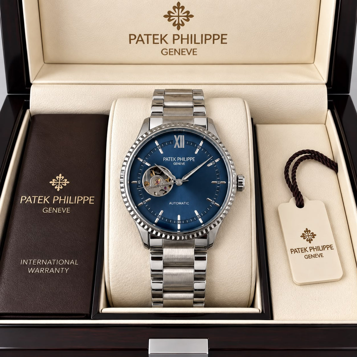 Patek Philippe Geneve Automatic Classic Luxury Watch - Blue Dial Silver Belt