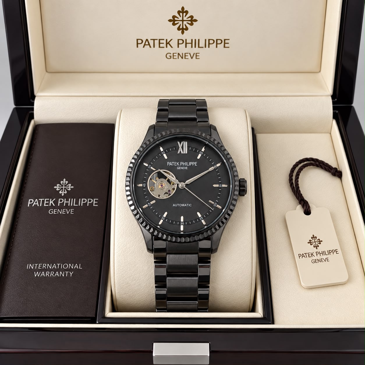 Patek Philippe Geneve Automatic Classic Luxury Watch - Black Dial Black Belt
