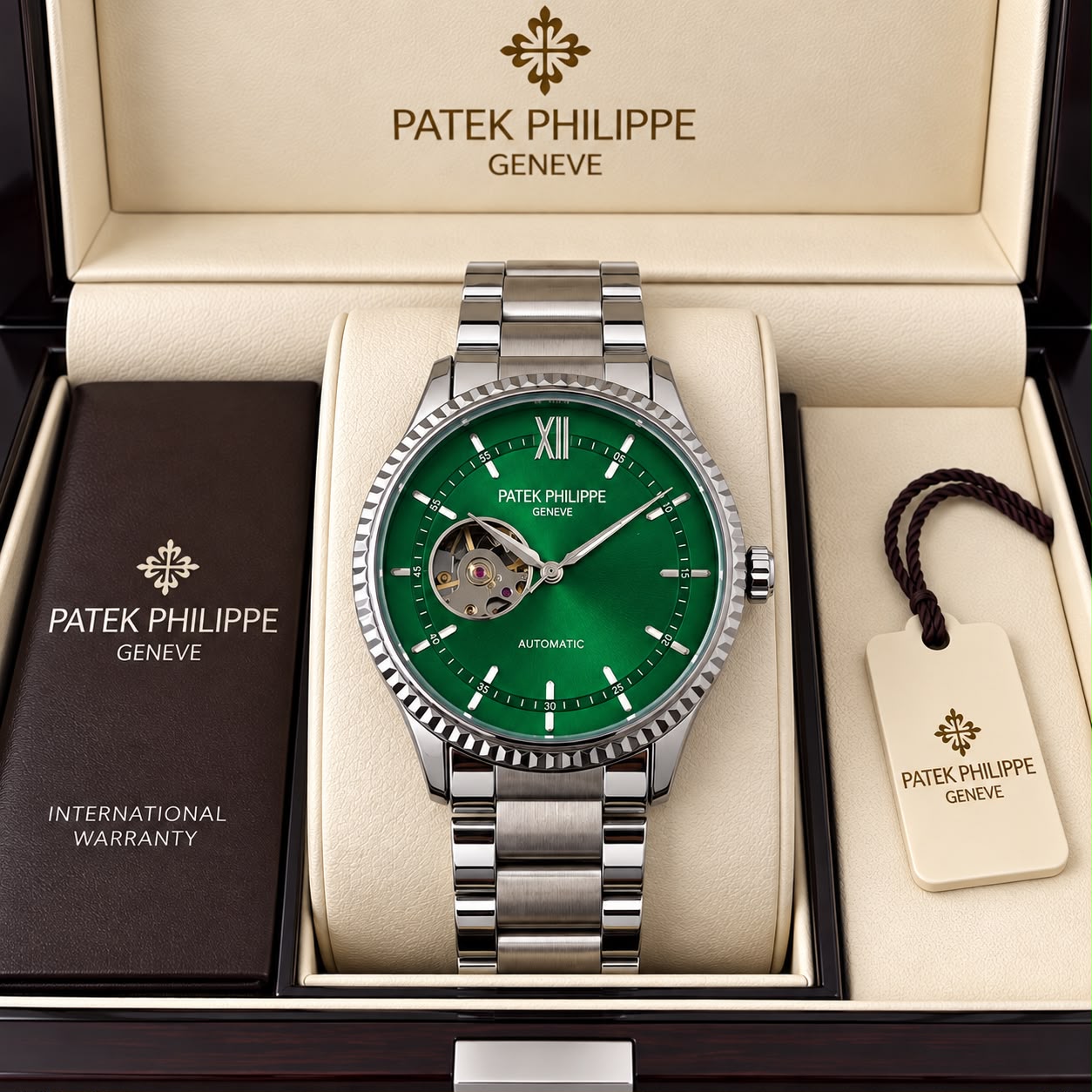 Patek Philippe Geneve Automatic Classic Luxury Watch - Green Dial Silver Belt