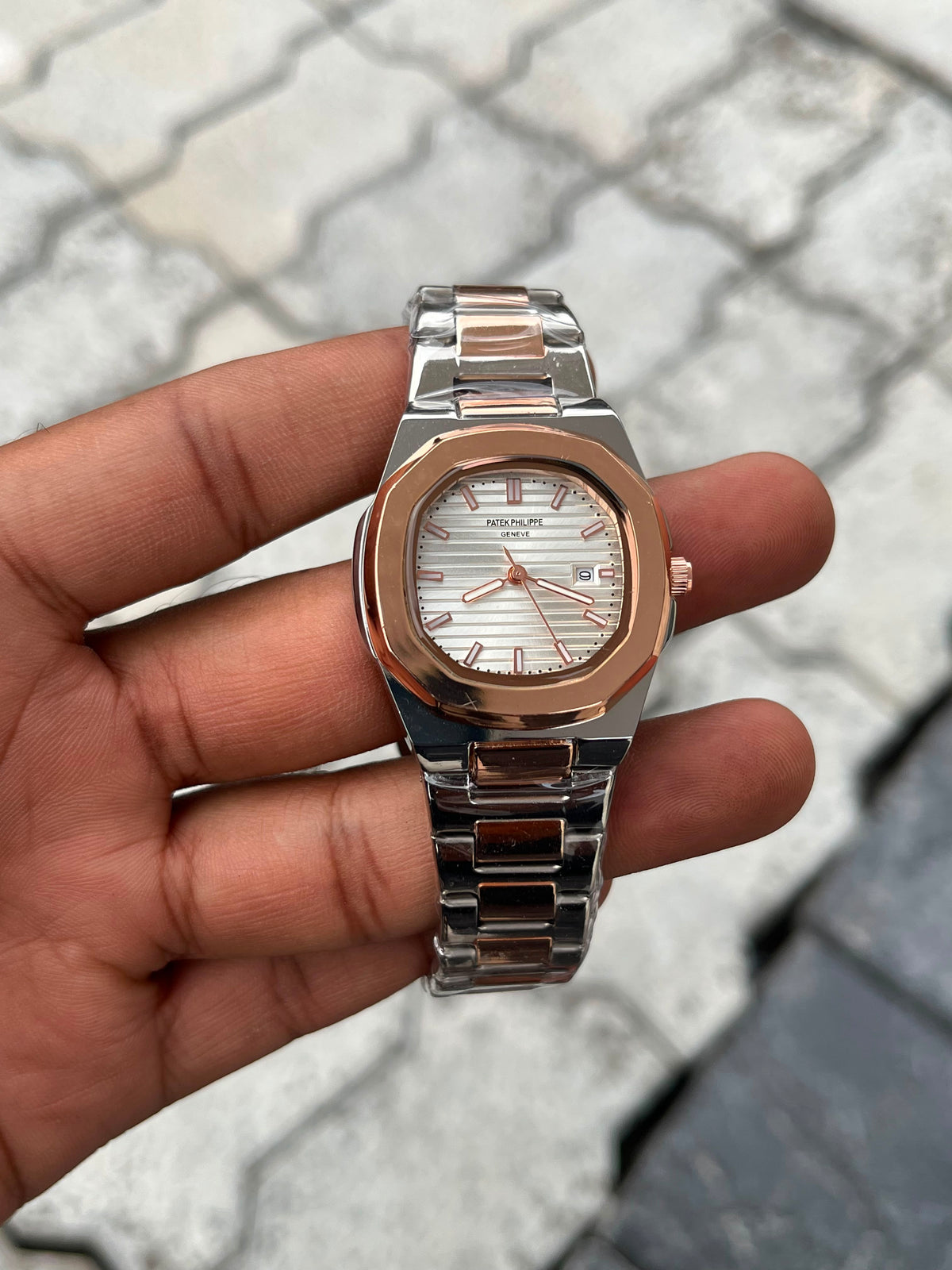 Patek Philippe Silver Dial Two-Tone Rose Gold Stainless Steel Nautilus Watch