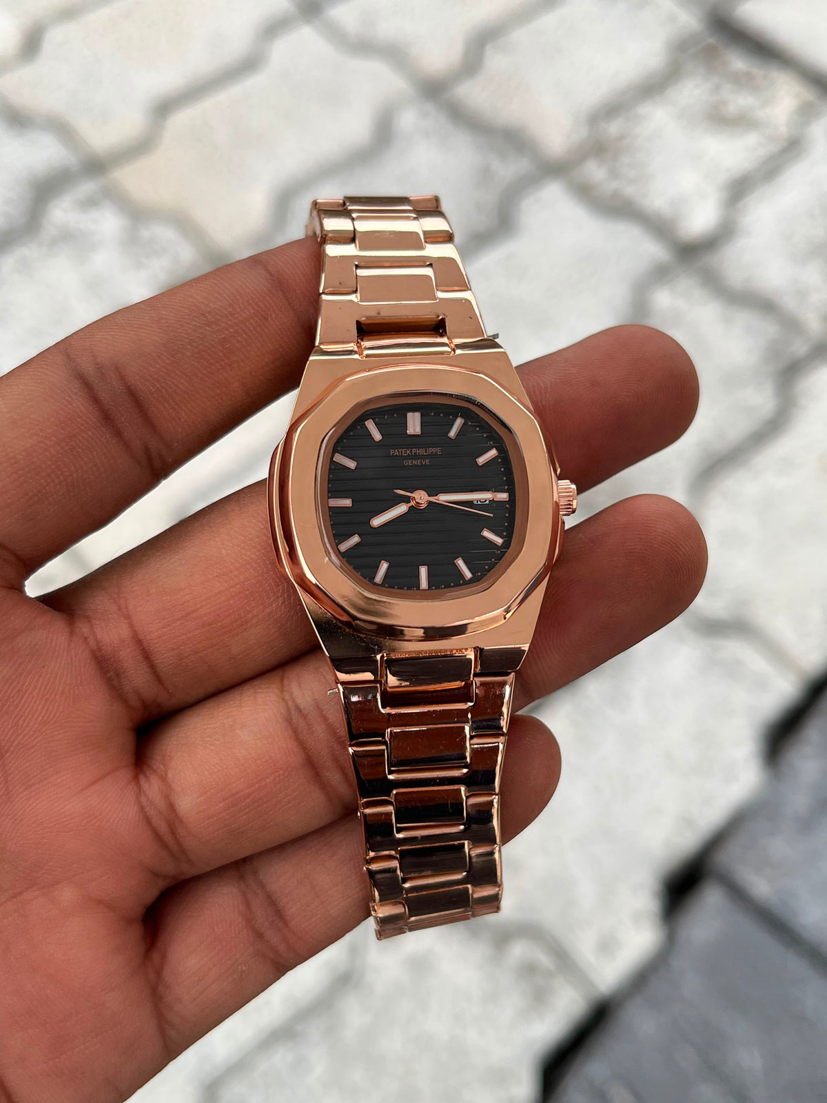 Patek Philippe Black Dial Rose Gold Stainless Steel Watch