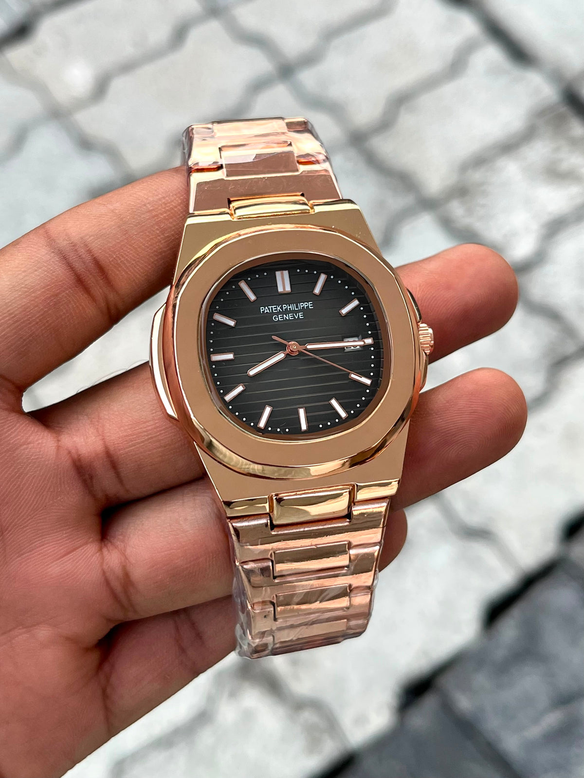 Patek Philippe Black Dial Rose Gold Stainless Steel Watch