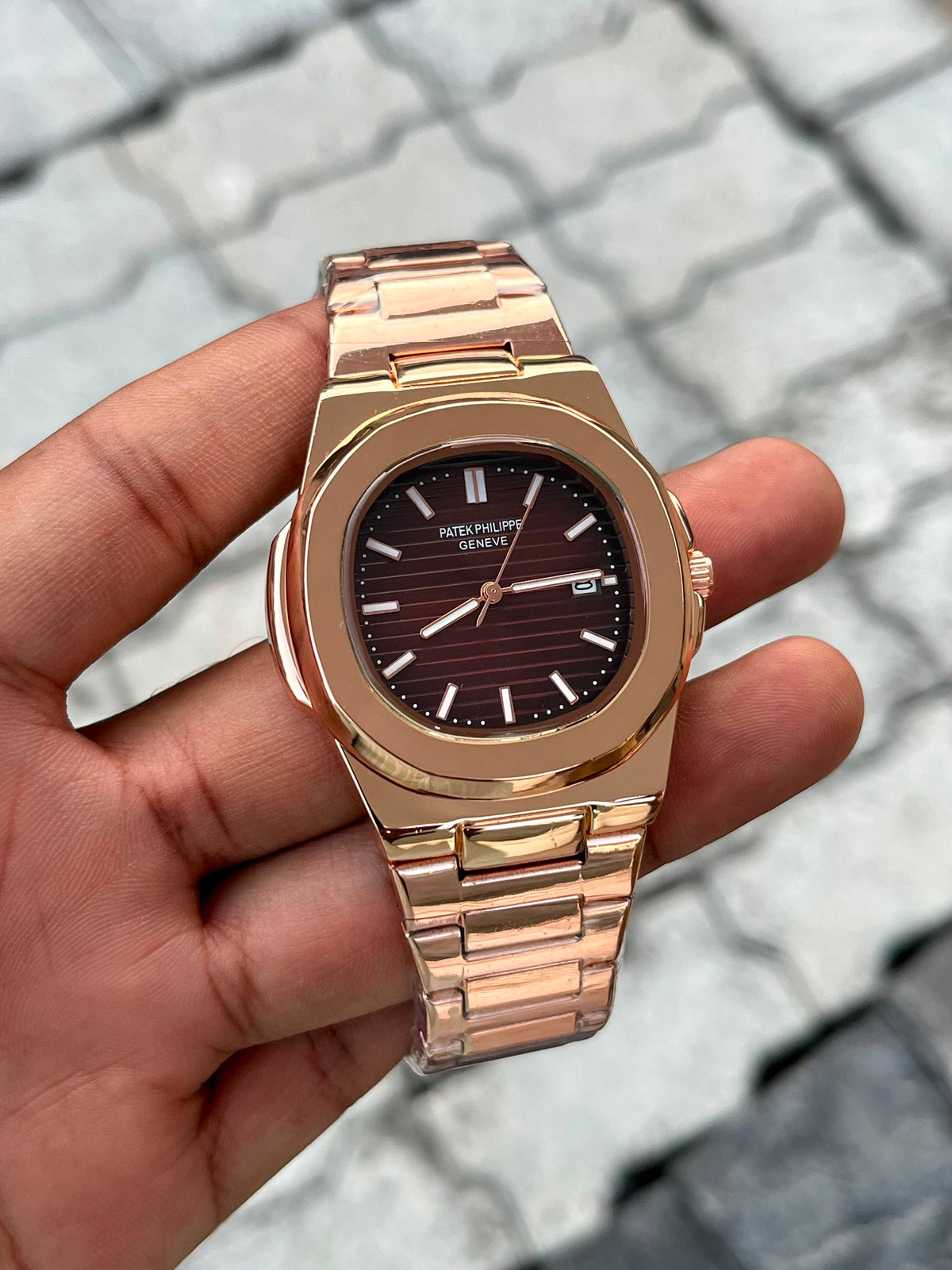 Patek Philippe Brown Dial Rose Gold Stainless Steel Watch