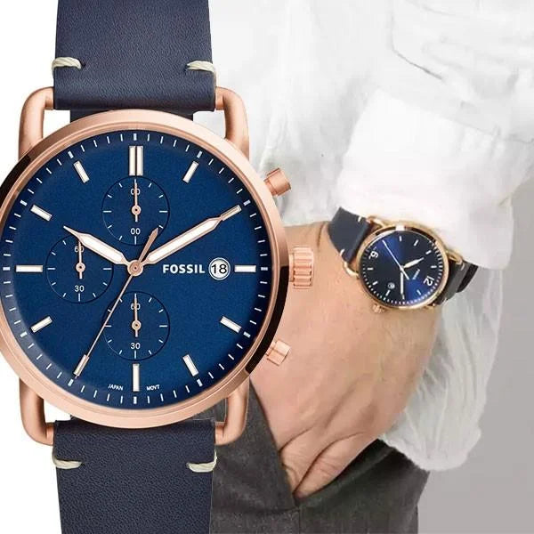 Fossil The Commuter Blue Dial Blue Leather Strap Watch for Men