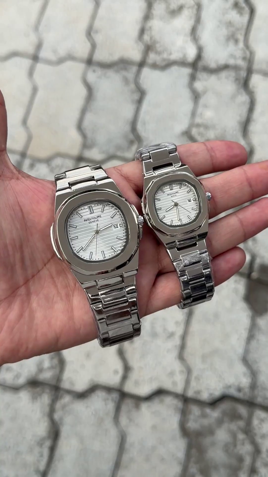 Patek Philippe Silver Dial Silver Stainless Steel Nautilus Couple Watch