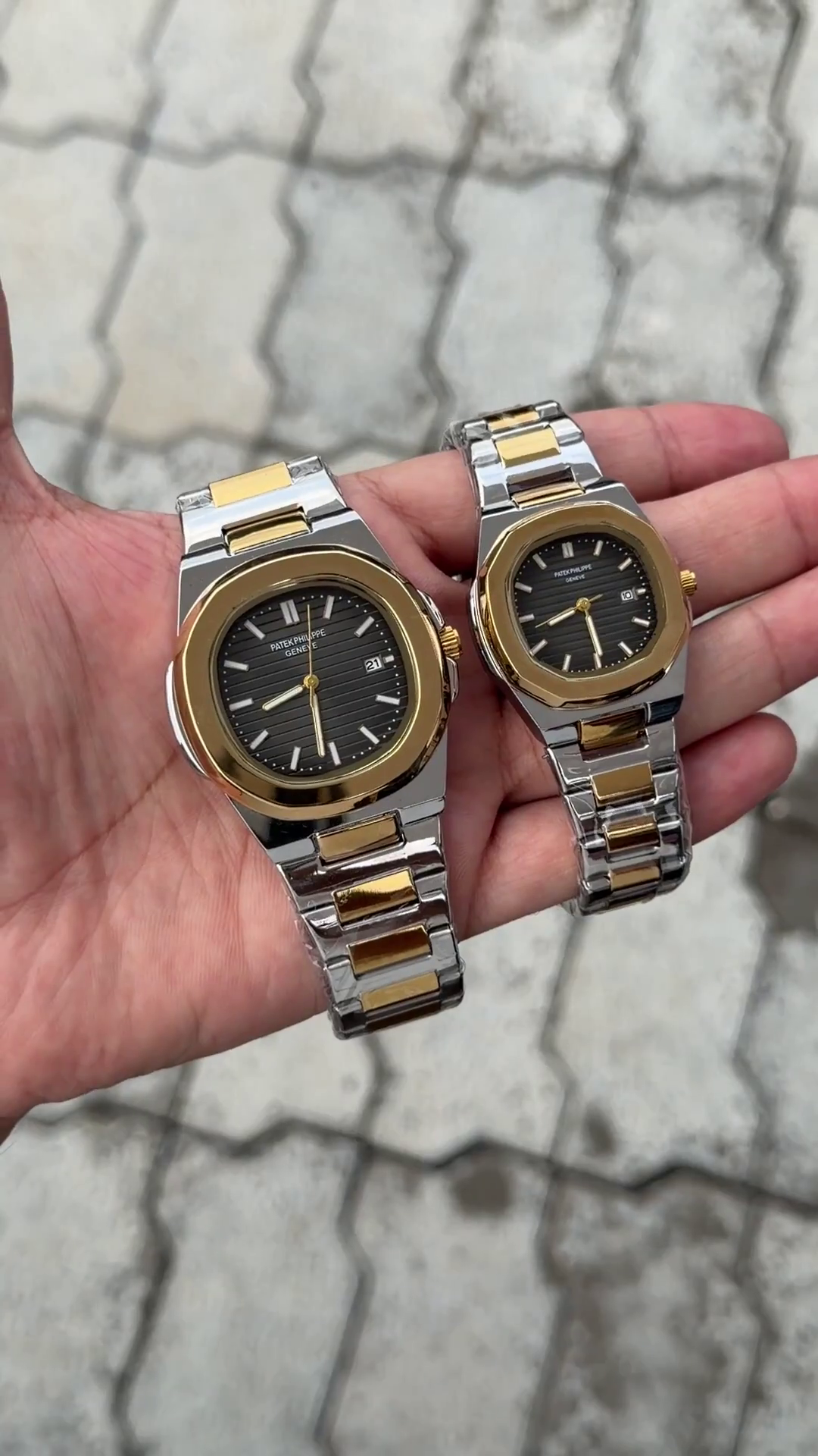 Patek Philippe Black Dial Two-Tone Gold Stainless Steel Nautilus Couple Watch