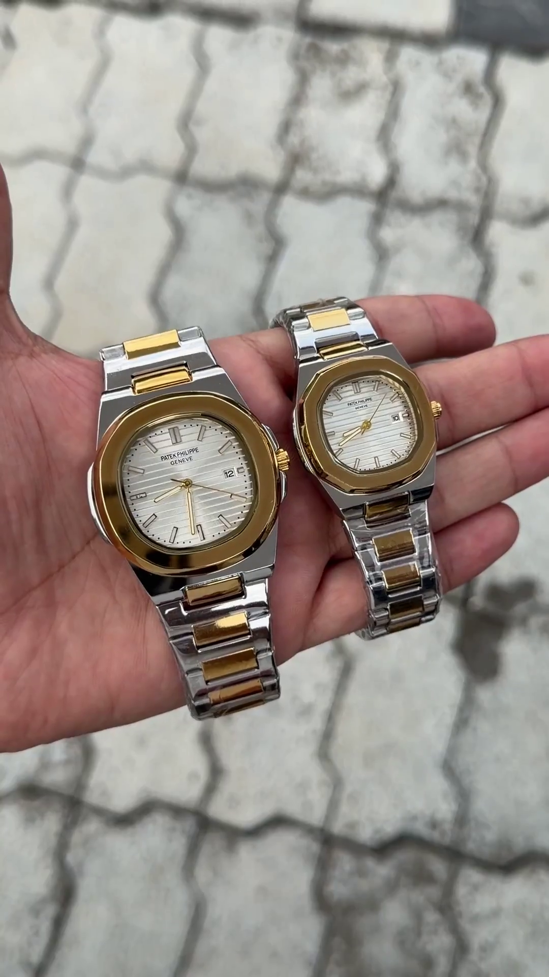 Patek Philippe Silver Dial Two-Tone Gold Stainless Steel Nautilus Couple Watch
