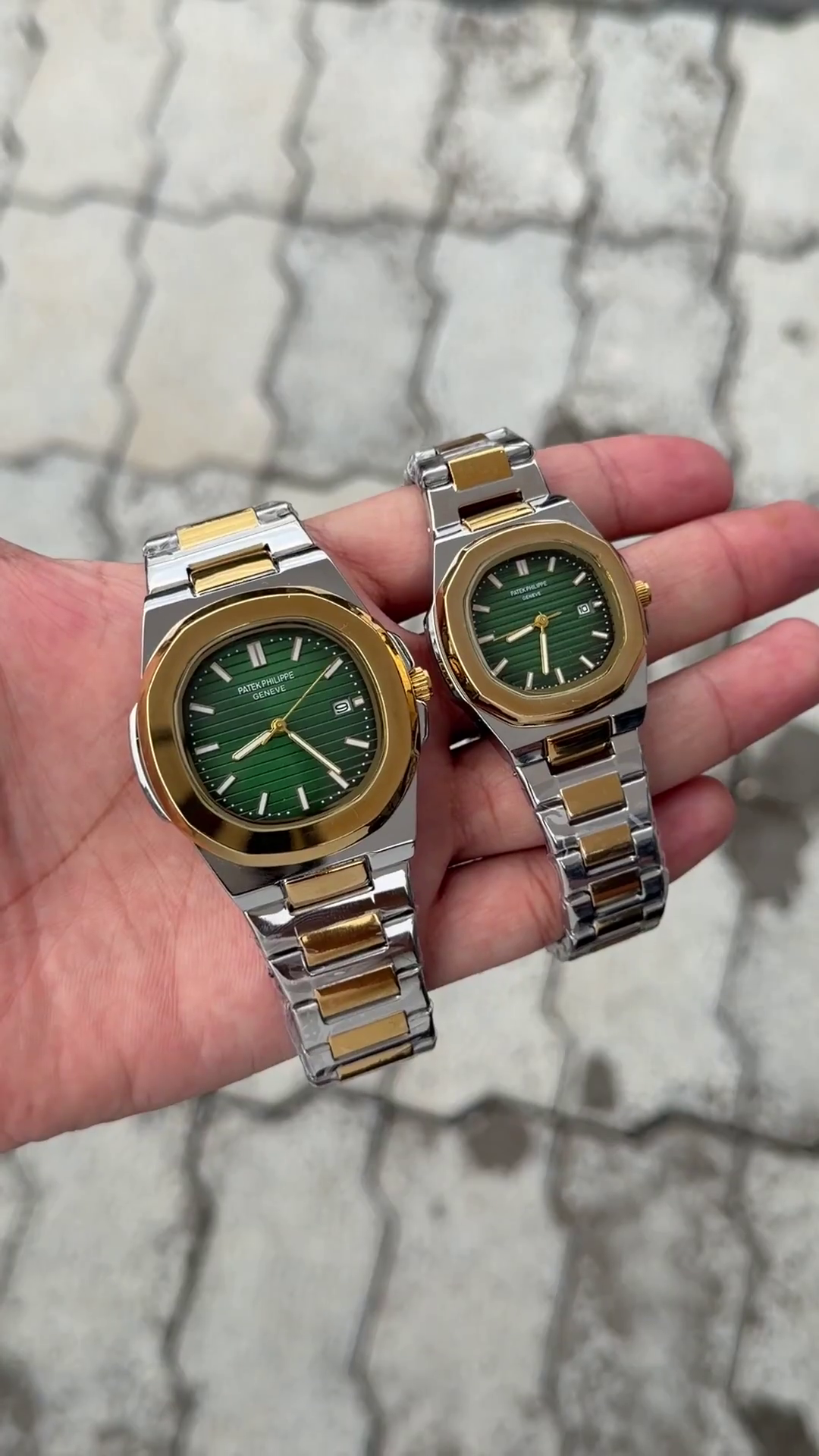 Patek Philippe Green Dial Two-Tone Gold Stainless Steel Nautilus Couple Watch
