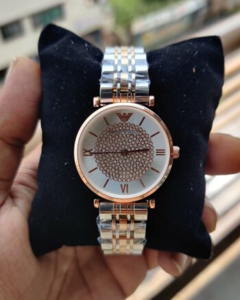 Emporio Armani Diamond Stud Silver Gold Metal Belt Women's Watch