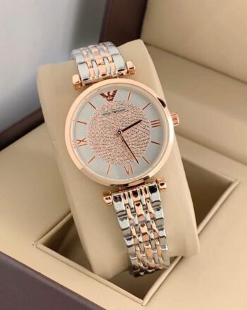Emporio Armani Rose Gold And Silver Belt Diamond Studded Watch For Women