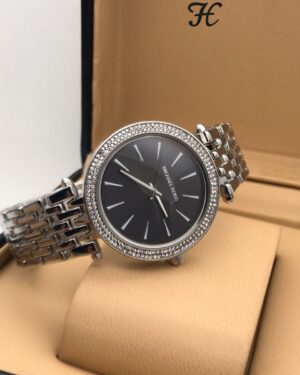 Michael Kors Diamond Studded Black Dial Silver Strap Watch For Women
