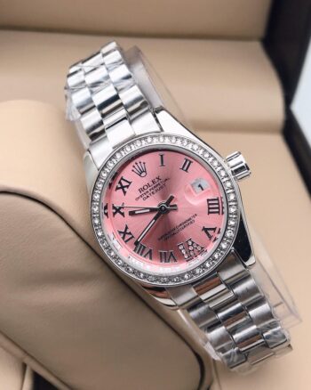 Rolex Pink and Silver Dial Diamond Stud Women's  Watch