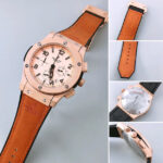Hublot Rose Gold Dial Chronograph Analog Quartz Orange Leather Belt Men's Watch