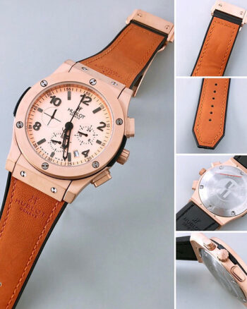 Hublot Rose Gold Dial Chronograph Analog Quartz Orange Leather Belt Men's Watch